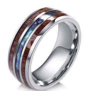 Stainless Steel Ring, Wood and Abalone Inlay